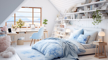 Bright bedroom design bedroom with blue decorations is decorated, In the morning when the sunshines through the window.