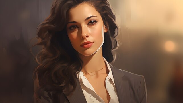 Photo of a woman in a stylish suit portrayed in a digital painting