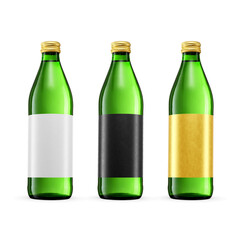 Green glass bottles of soda or mineral water with blank labels isolated. Transparent PNG image.