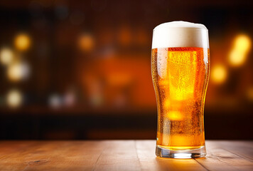 Glass of beer on wooden table. Blurred background with space for text, copyspace, banner.