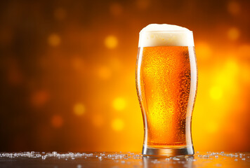 Glass of beer on wooden table. Blurred background with space for text, copyspace, banner.