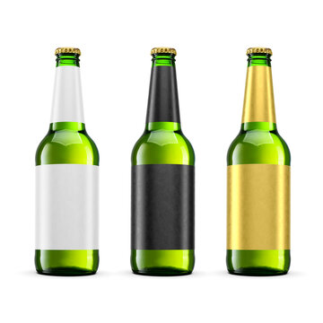 A refreshing green bottles of beer with blank label isolated. Transparent PNG image.