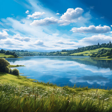 Serene Lake View with Lush Countryside and Blue Sky