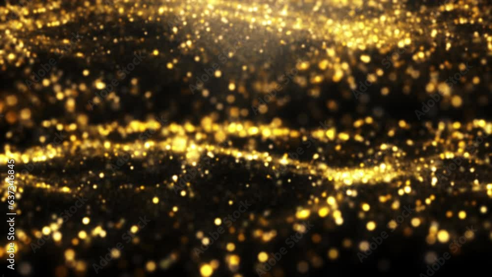 Poster loop glow gold glittering bokeh particles wave animation abstract on black abstract background. abst