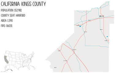 Large and detailed map of Kings County in California, USA.