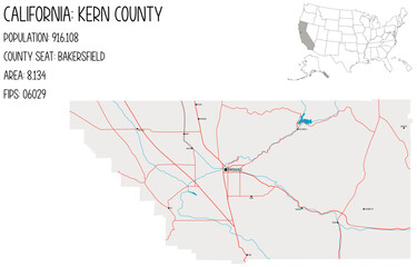 Large and detailed map of Kern County in California, USA.