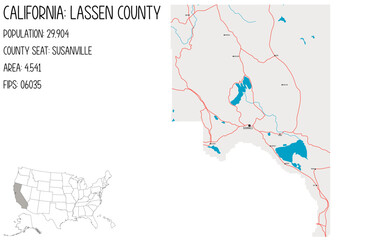 Large and detailed map of Lassen County in California, USA.