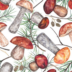 Autumn seamless pattern of forest porcini mushrooms, pine branches, cones. Watercolor illustration isolated on transparent background. The application is designed for printing on textiles, packaging