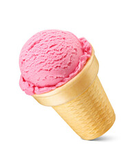 Pink ice cream in a sugar waffle cone isolated. Taste of strawberry, fruit, raspberry, berry, cherry, candy. Transparent PNG image.