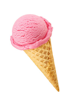 Pink ice cream in a sugar waffle cone isolated. Taste of strawberry, fruit, raspberry, berry, cherry, candy. Transparent PNG image.