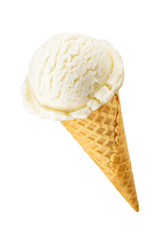 Vanilla ice cream in a crispy waffle sugar cone or cup isolated. Transparent PNG image.