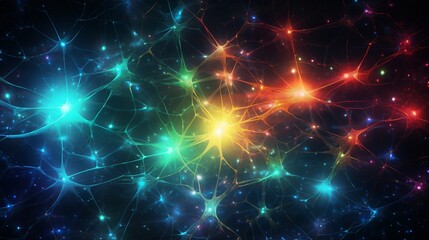 Fototapeta premium Neuron cells system - colorful 3D rendered image of Neuron cell network, Generative AI