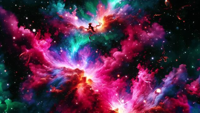 Space travel to abstract  alien pink green blue nebula milky way in deep space cinematic abstract background. 4K 3D seamless loop Sci Fi Space flight to glow energy gas dust cloud nebula.