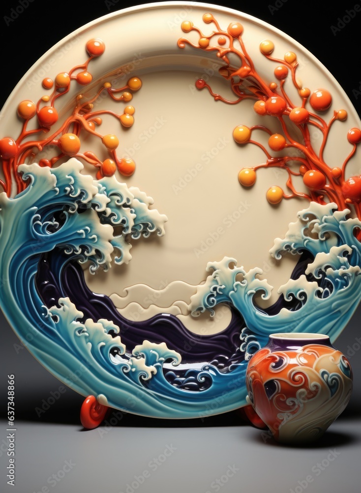 Poster a plate with a decorative design on it. generative ai image.