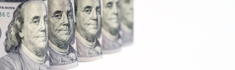 President Benjamin Franklin portraits on new one hundred US dollars banknotes. American bills....