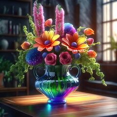 a vase with colorful flowers in it on a table. generative ai
