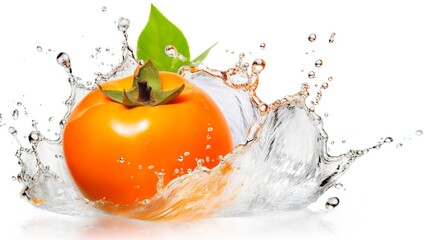 Persimmon with water splash on white background, Generative AI