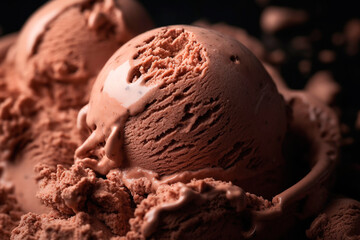 Chocolate ice cream scoop close up, texture, background