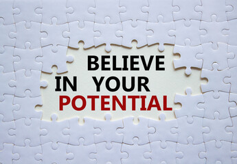 Potential symbol. Concept word Believe in your Potential on white puzzle. Beautiful white background. Business and Believe in your Potential concept. Copy space