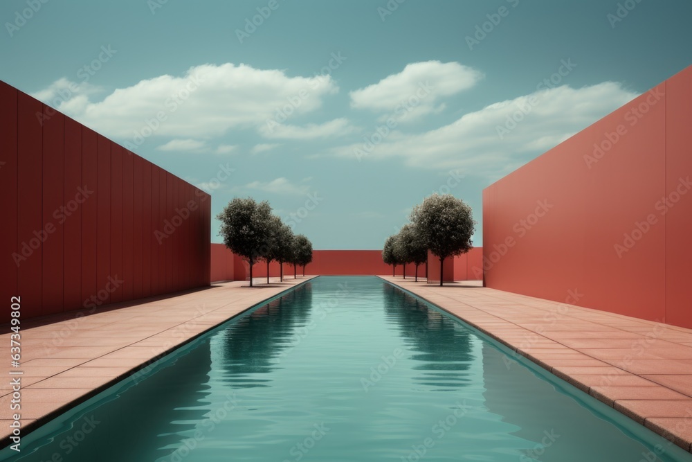 Poster a long pool with trees in the middle of it. generative ai image.