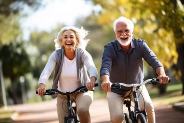 Poster Älteres Ehepaar auf Fahrradtour im Herbst. Glückliches Paar beim Ausflug mit dem Fahrrad. © Marco