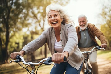Älteres Ehepaar auf Fahrradtour im Herbst. Glückliches Paar beim Ausflug mit dem Fahrrad. - obrazy, fototapety, plakaty