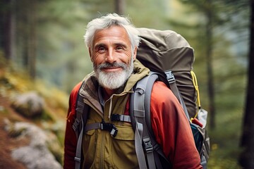 Älterer Mann beim Wandern mit Gepäck. Freude am Bergsteigen - Sport im Alter. Rucksack tragen zur Wanderung. - obrazy, fototapety, plakaty
