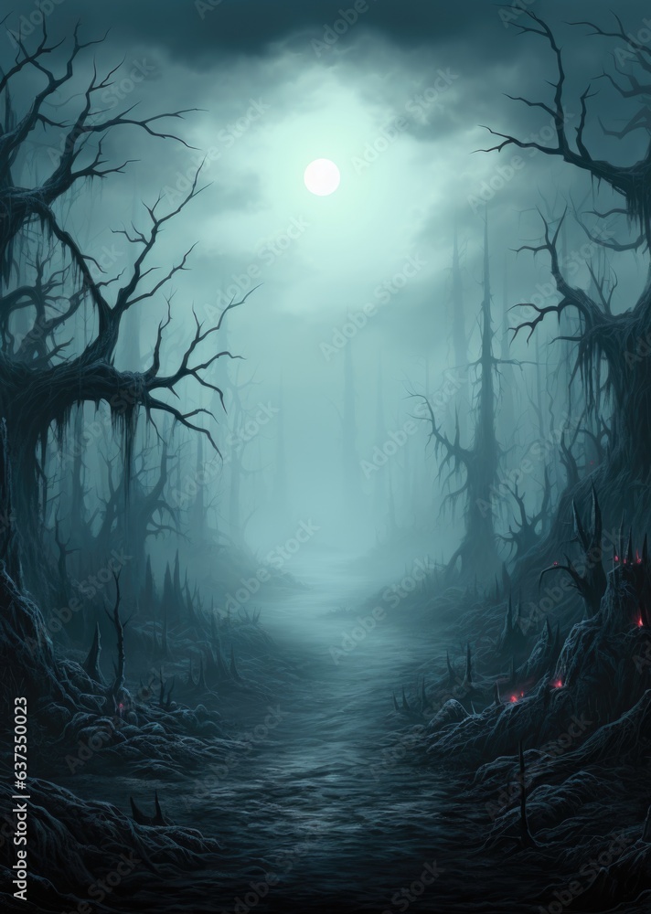 Poster a dark forest with a full moon in the sky. generative ai image.