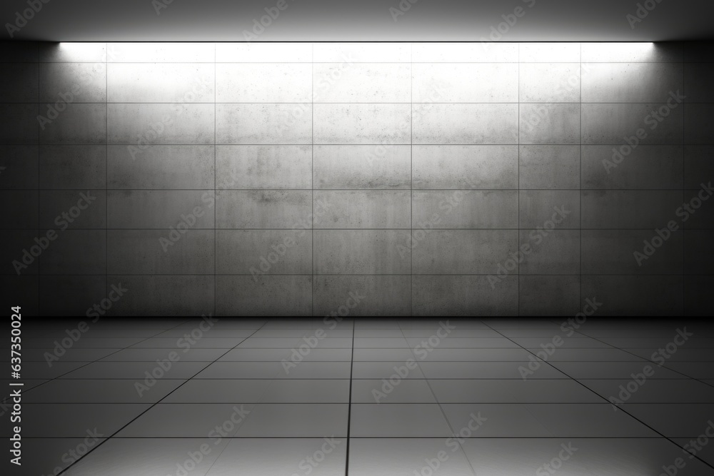 Poster an empty room with a light coming from the ceiling. generative ai image.