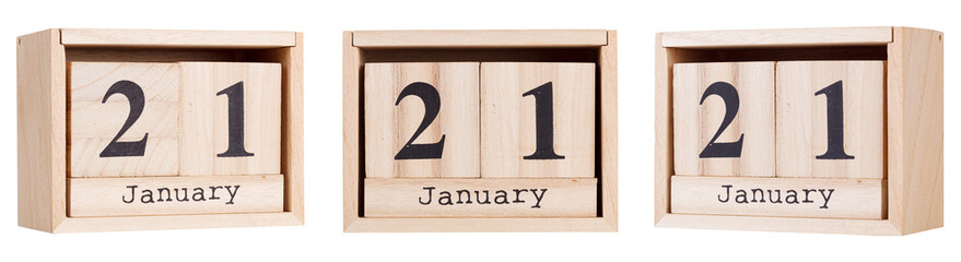 Wooden calendar, a set of dates of the month 21 January, on a white and transparent background close-up