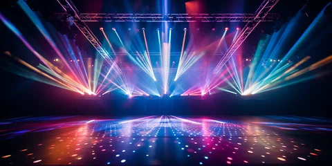 Foto op Plexiglas Light Show Stock,  Scene, stage light with colored spotlights abstract bright projectors, Scene stage light with colored spotlights, generative Ai © Mustafa