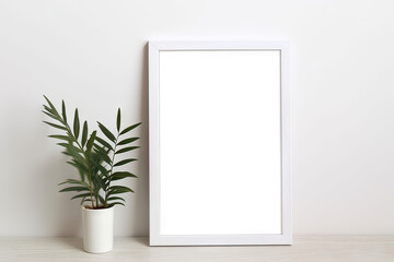 Fototapeta na wymiar Blank wooden picture frame mockup in modern interior. Vertical template mock up for artwork, painting, photo or poster in interior design, generative AI 