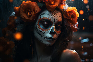 Dia de los Muertos glamour Catrina portrait with intricate makeup. Traditional holiday concept
