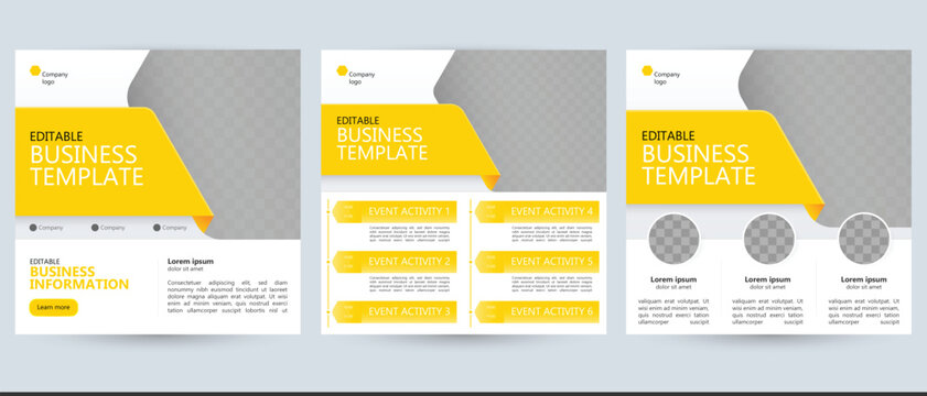 business brochure ad social media post template background with timeline agenda podcast schedule interview conference text and image layout. white yellow vector banner for marketing and advertising