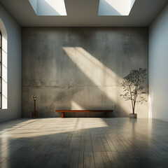 Moderner, leerer Raum, mit Wand und Boden, Licht und Schatten, Pflanze, Grau, Beton, Stein, Hell