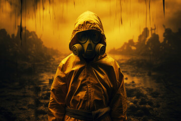 Man in yellow chemical protective costume and gas mask standing outside. Radioactive nuclear war atomic explosion concept