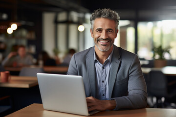 Portrait of a man who works in a modern office with a laptop.