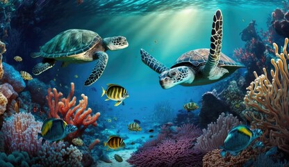 Obraz premium turtle with Colorful tropical fish and animal sea life in the coral reef, animals of the underwater sea world, Generative AI