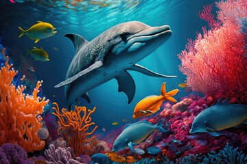 Fototapeta na wymiar group of dolphins in colorful underwater, AI generative.group of dolphins in colorful underwater, AI generative