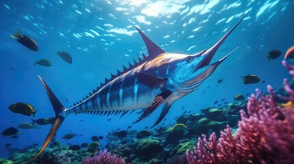 Fototapeta na wymiar marlín fish in the coral reef, animals of the underwater sea world, Generative AI
