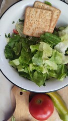 green leaves salad, vegetables food,cookie cracker