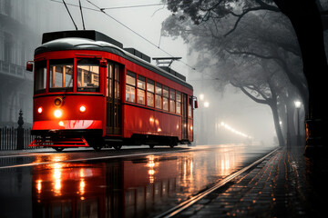 Red retro tram standing on empty street of a town in foggy morning