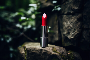 Close up with red lipstick on rocks, green leaves and blur background - obrazy, fototapety, plakaty