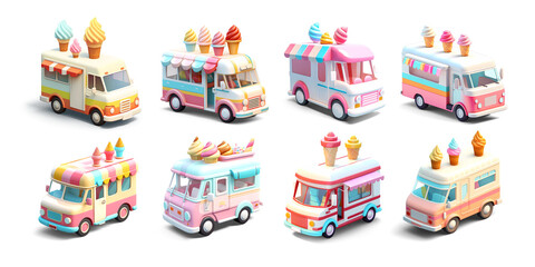 Ice Cream Van Isometric Low Poly Icons Set