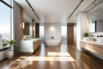 Fototapeta na wymiar 3D rendering,Clean modern residential bathroom and toilet design, which is equipped with washstand, toilet and shower equipment,