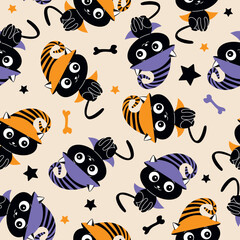 Seamless pattern for girls or boys. Creative vector background with cat, bones, stars. Funny wallpaper for textile and fabric. Fashion style. Colorful bright picture for children.