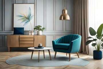Home interior mock-up with armchair, table and decor in living room. Generative AI