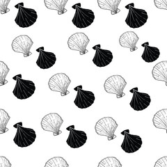 Vector Silhouette Seashells Seamless Pattern on White Background Vintage Design of Sea Shells Printable Wallpaper Background Summer Holiday Concept Sea Life Concept Repeatable Pattern Eps 10 Design.