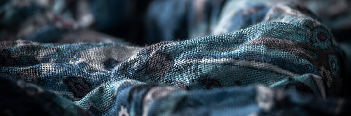 Wrinkled blue textured cloth, fashion industry