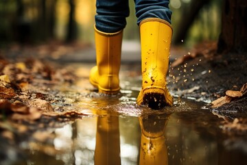Gelbe Gummistiefel. Draußen bei Regen im Herbst durch Pfützen laufen. Dreckige Regenstiefel,...